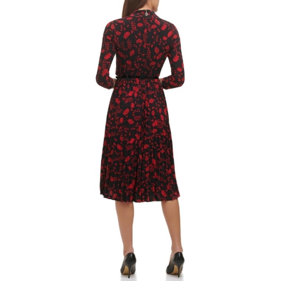 TOMMY HILFIGER Black & Red Pleated Floral Midi Dress - Picture 2 of 11
